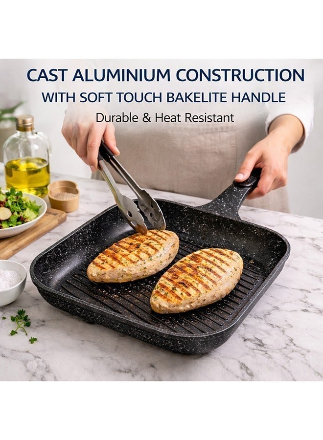 Sonex  Diecast Marble Coated Grill Pan 24 cm– Non-Stick, Raised Ridges, Cool-Touch Soft Handle, PFOA-Free, Dishwasher Safe, Easy Clean, Premium Korean Technology for Healthy Grilling, Black - Image 3